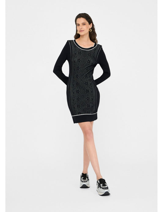 LIU JO Vestito in maglia girocollo effetto pizzo stampato bianco e nero