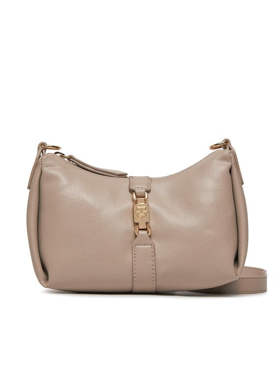 TOMMY HILFIGER Borsa a tracolla con fibbia oro monogram tortora
