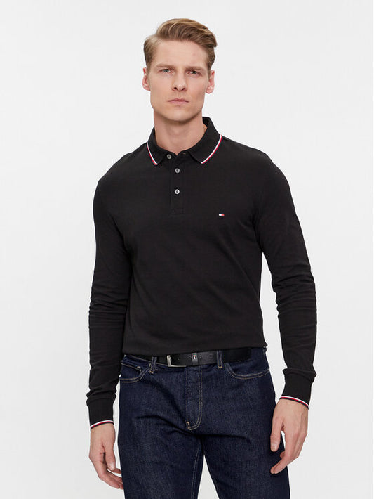TOMMY HILIFIGER Polo maniche lunghe nera con bordini in contrasto regular fit